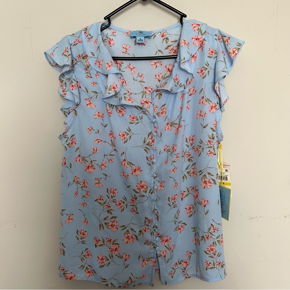 Blue pink green sheet button up flounce ruffle sleeve blouse